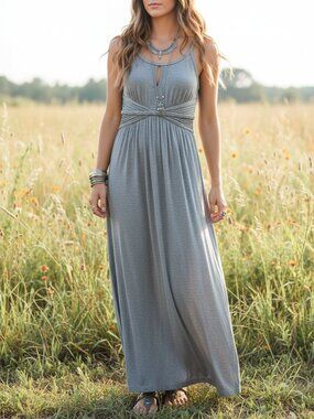 Max Studio S Maxi Dress Gray Halter Boho Earthy Goblin Granola Comfy Cozy